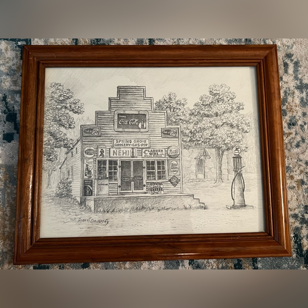 Robert Daughtery Vintage Storefront Sketch in Wooden Frame